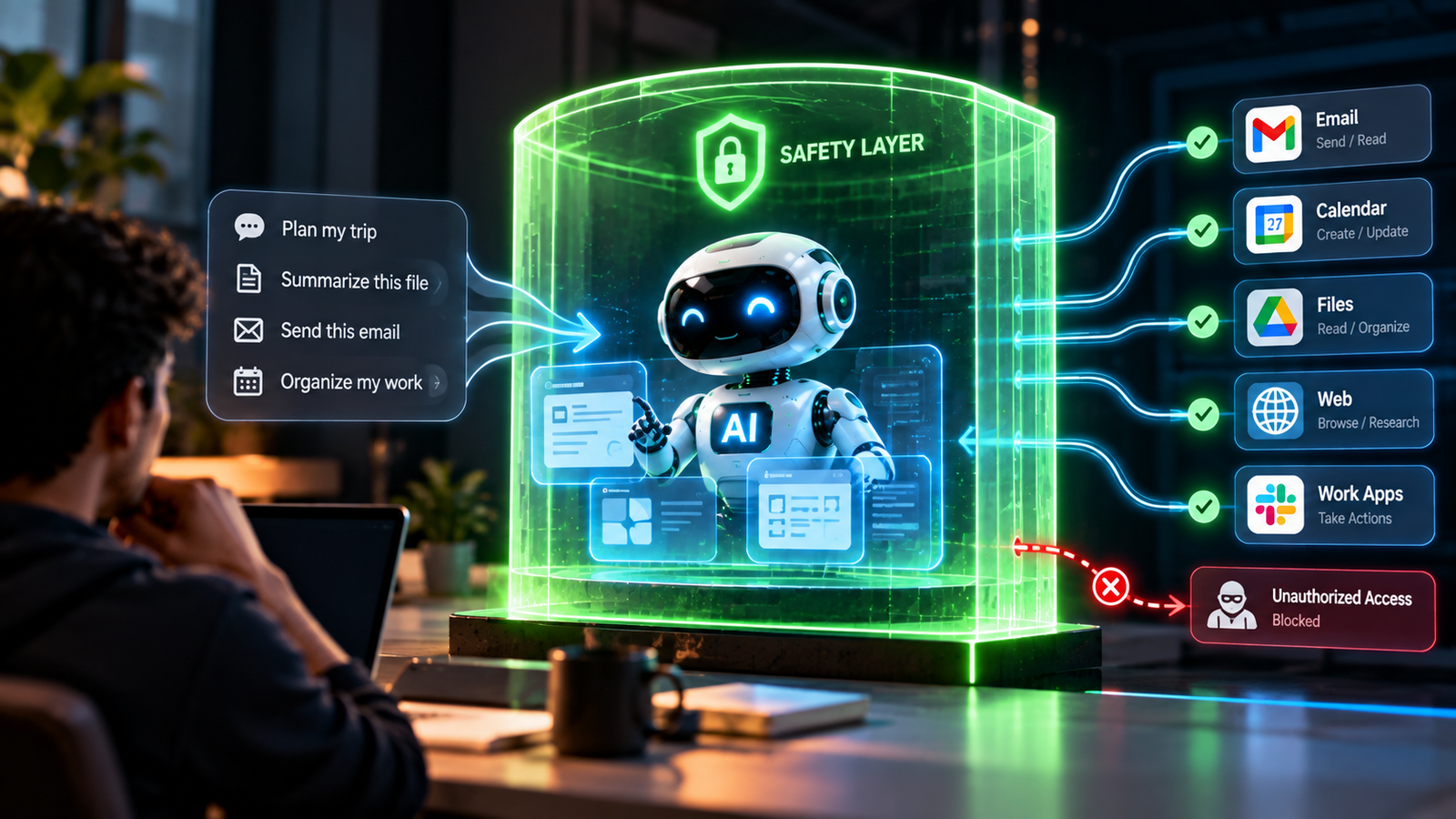 AI agent operating inside a safety layer with controlled access to email, calendar, files, web and work apps